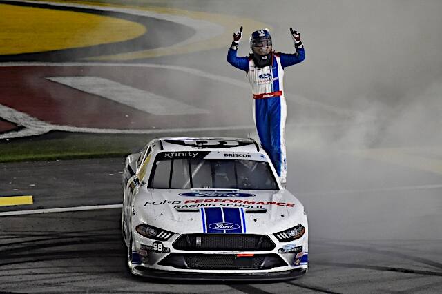 SHR's Chase Briscoe led a 1-2 Mustang finish in a rain-delayed NASCAR Xfinity race on Sunday. SHR's Chase Briscoe led a 1-2 Mustang finish in a rain-delayed NASCAR Xfinity race on Sunday.
